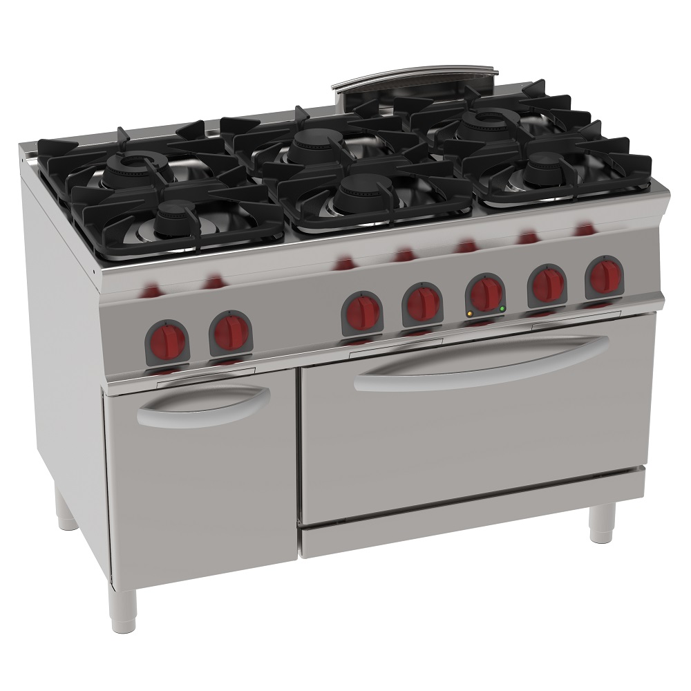 Gas cooker 6 burners 1 electric static oven gn 2/1 - 1200x700x900 mm - 30 Kw + 4,7 Kw 400/3V - 35360