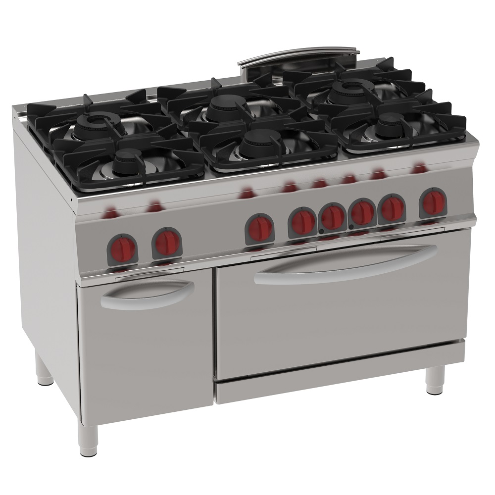 Gas cooker 6 burners 1 convection electr. oven gn 2/1 - 1200x700x900 mm - 30 Kw + 5 Kw 400/3V - 4146