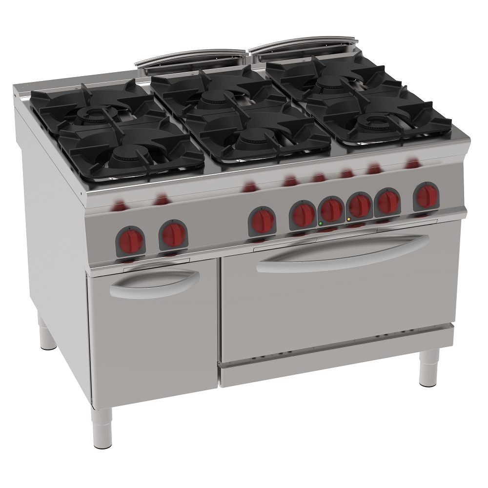 Gas cooker 6 burners 1 convection electr. oven gn 1/1 - 1200x900x900 mm - 40 Kw + 5 Kw 400/3V - 4211