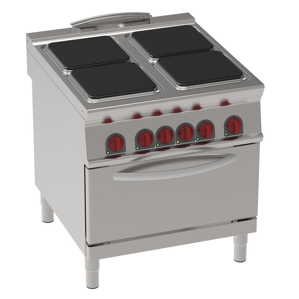 Electric cooker with 4 square plates 1 electr. static oven gn 2/1 - 800x900x900 mm - 21,3 Kw 400/3V 