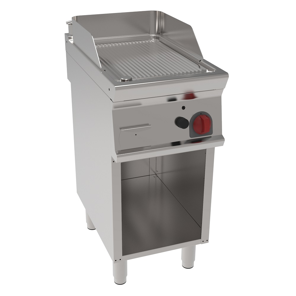 Plancha-frytop fe 15 mm a gas estriada sobre soporte abierto 400x700x900 mm