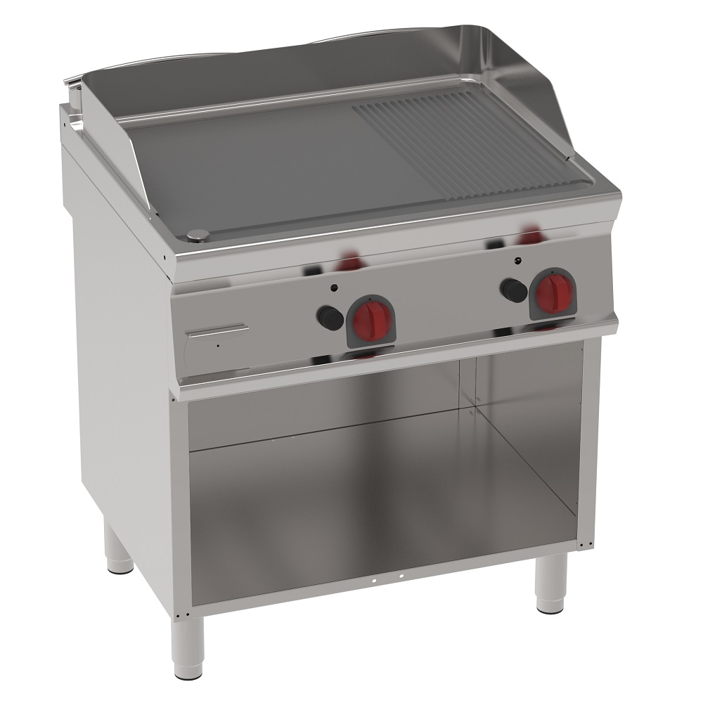 Plancha-frytop fe 15 mm a gas parcial estriada sobre soporte abierto 800x700x900 mm