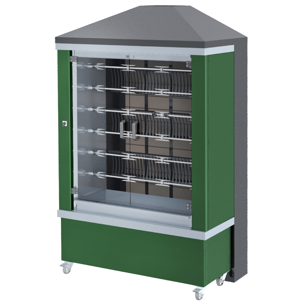 Asador pollos a leña serie ibero 6 esp.= 36/42 pollos verde 1300x700x2185 mm