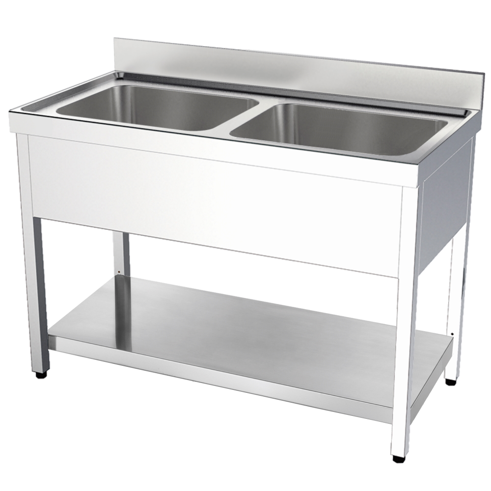 Sink with frame 1 shelf, 2 bowls 600x500x300 - 1400x700x850 mm - 20750417 Eurast