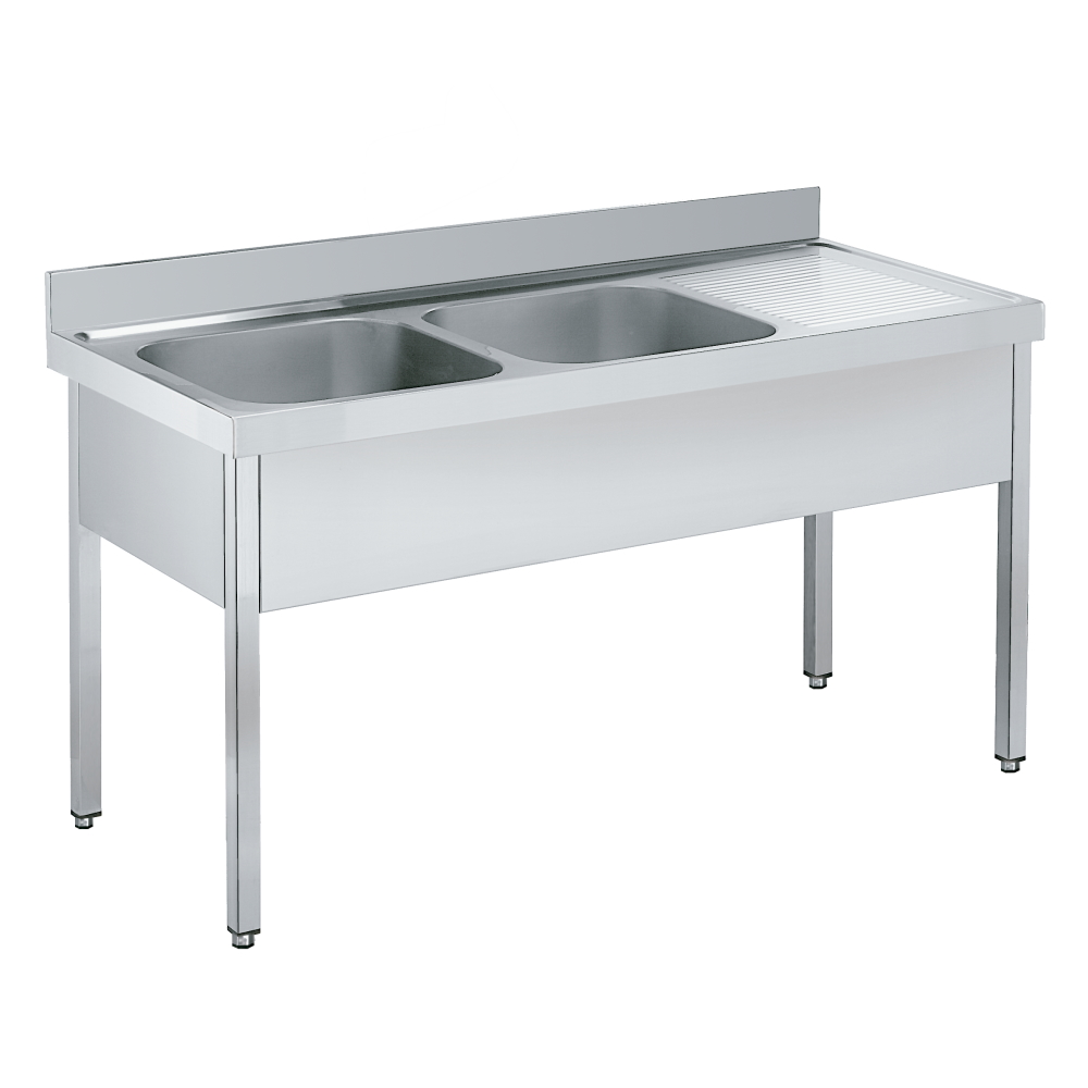 Sink with frame 2 bowls and 1 drainer 600x500x300 - 2000x700x850 mm - 2191D002 Eurast