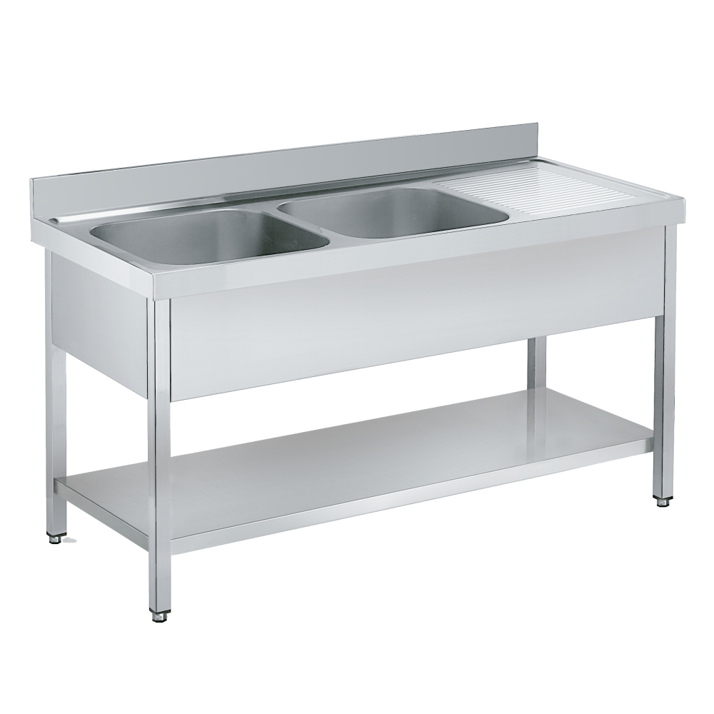 Sink with frame 1 shelf, 2 bowls and 1 drainer 500x400x250  - 1600x600x850 mm - 2185D061 Eurast