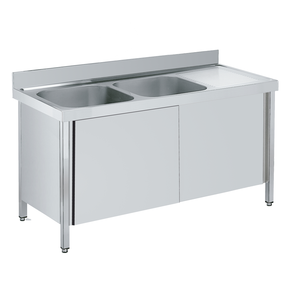 Sink with doors 1 shelf, 2 bowls 600x500x300 - 2000x700x850 mm - 2193D002 Eurast