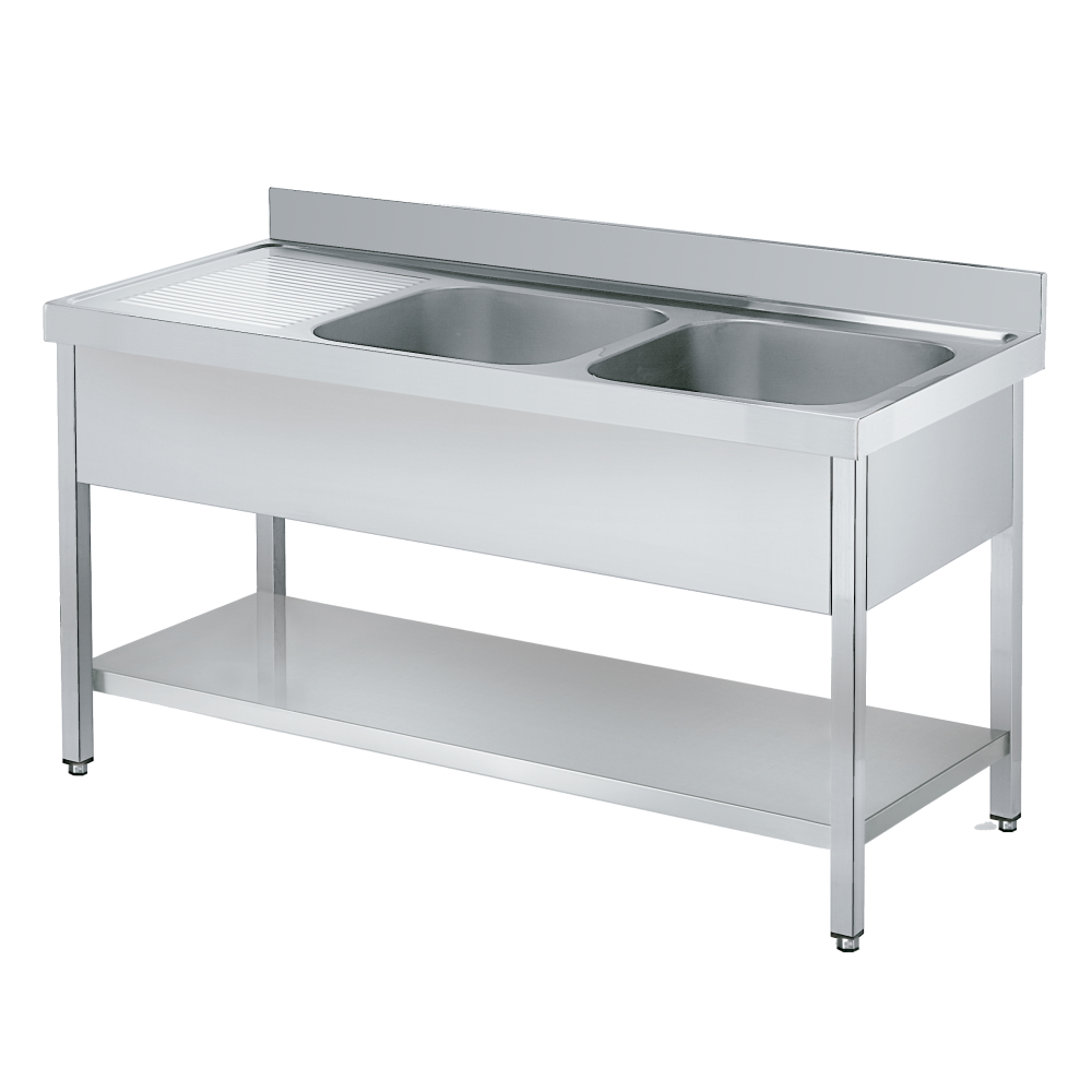 Sink with frame 1 shelf, 1 drainer and 2 bowls 600x500x300 - 2000x700x850 mm - 2225I002 Eurast
