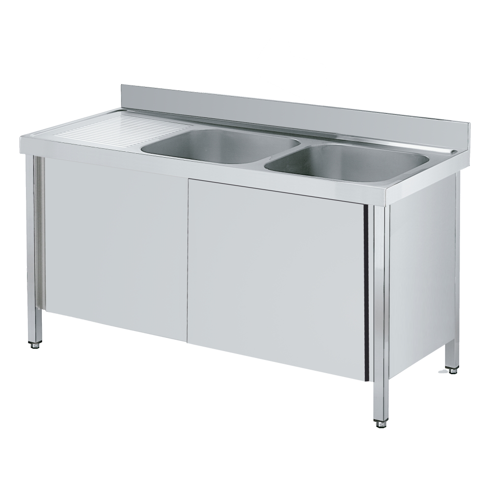 Sink with doors 1 shelf, 1 drainer and 2 bowls 600x500x300 - 2000x700x850 mm - 2223I002 Eurast