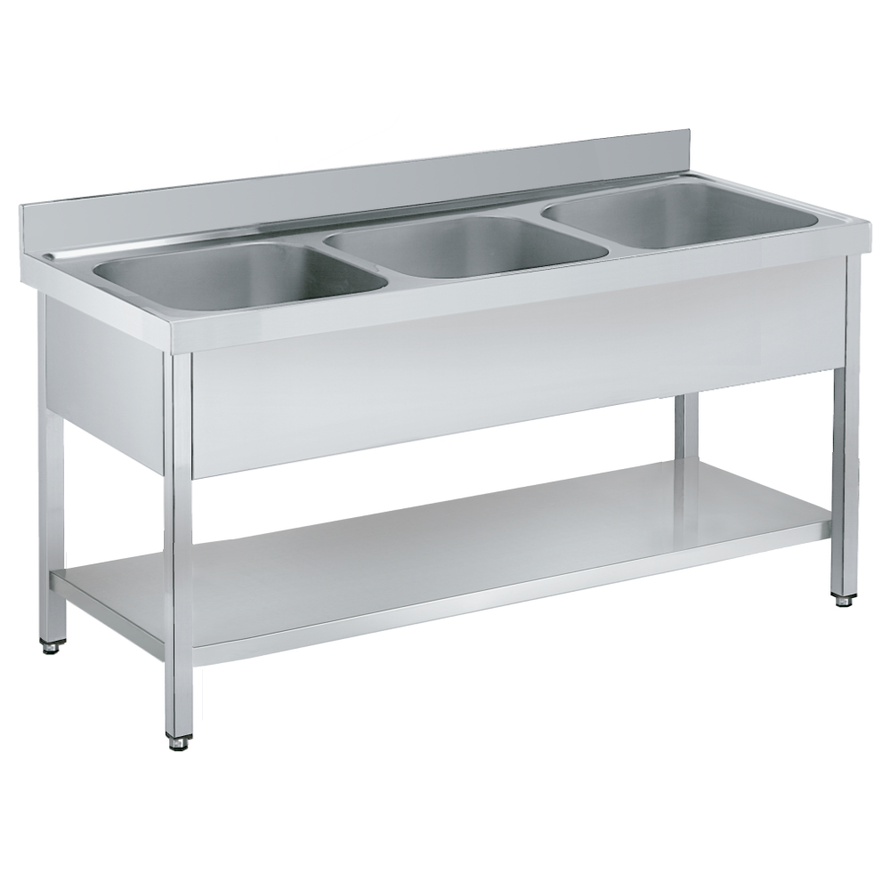 Fregadero con bastidor 3 senos 500x500x300 y 1 estante 1800x700x850 mm