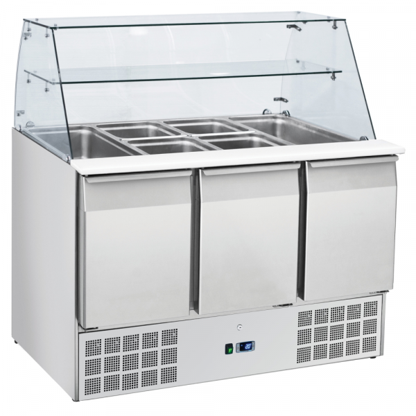 Salad prepation table with showcase 3 doors 3 gn 1/1 grates with pans - 1365x700x1300 mm - 230 W 230