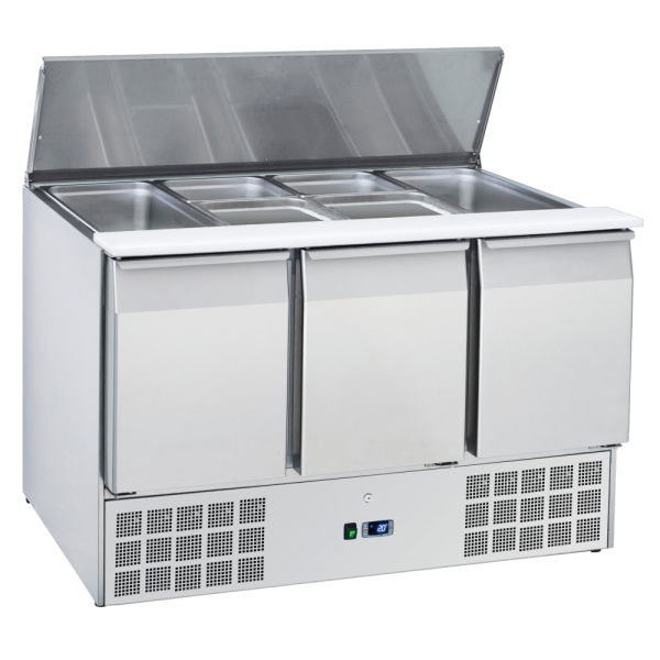 Salad prepation table 3 doors 3 gn 1/1 grates with pans - 1365x700x880 mm - 230 W 230/1V - 7C2A39RC 