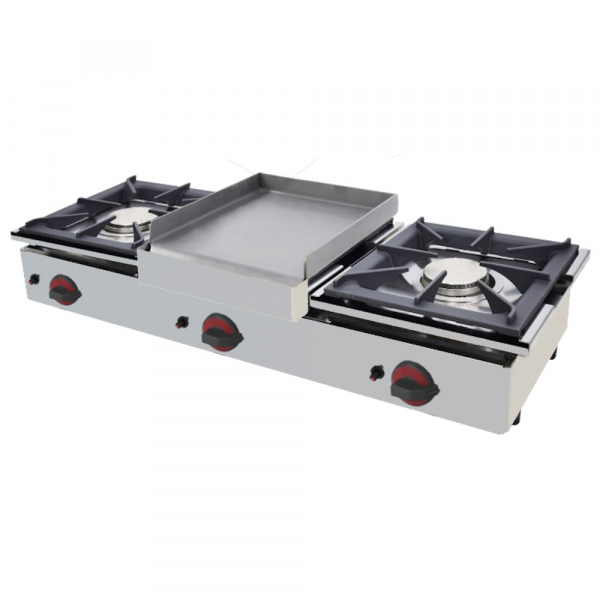 Hornillo a gas 2 fuegos y 1 plancha de sobremesa 1200x450x240 mm